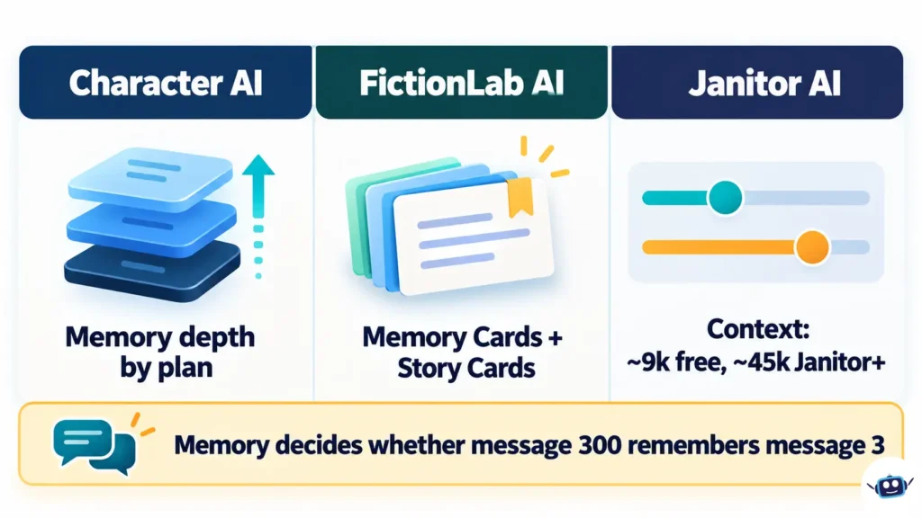 Three-column infographic comparing Character AI memory depth, FictionLab AI Memory Cards and Story Cards, and Janitor AI context limits.