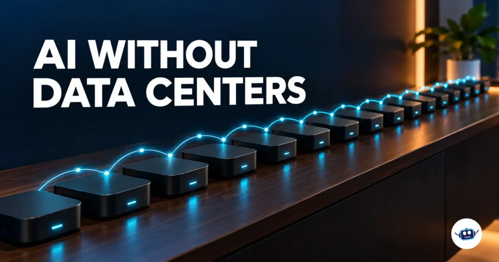 Illustration of 15 unbranded Android TV boxes connected by glowing cyan lines, representing AI models spreading across devices without traditional data centers.
