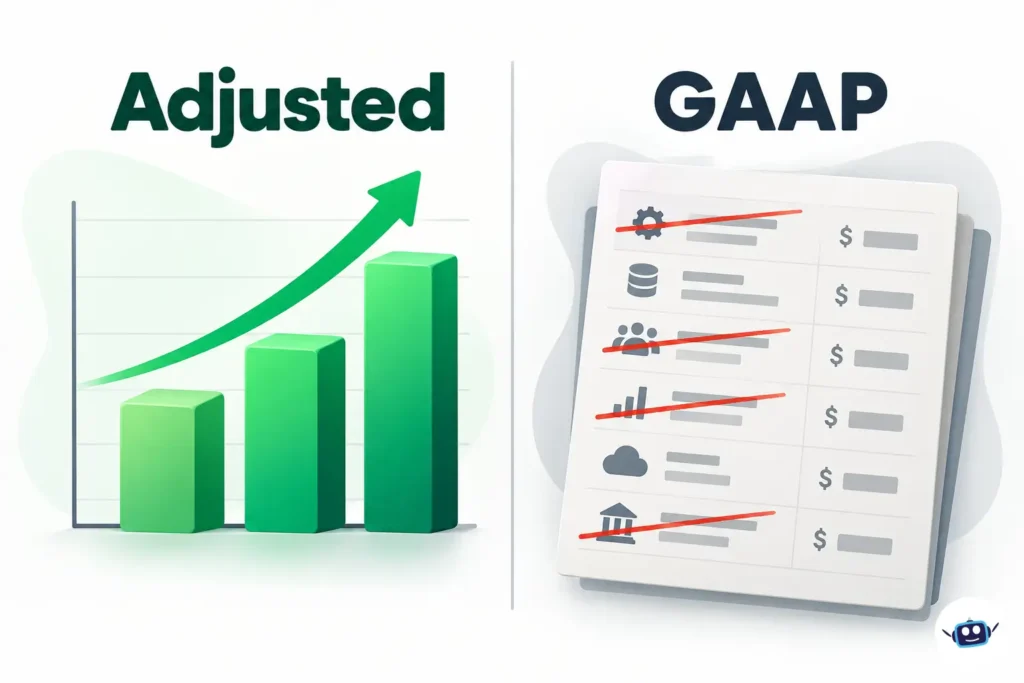 AI-generated split-screen illustration comparing an upward green bar chart labeled Adjusted with a gray accounting ledger labeled GAAP.
