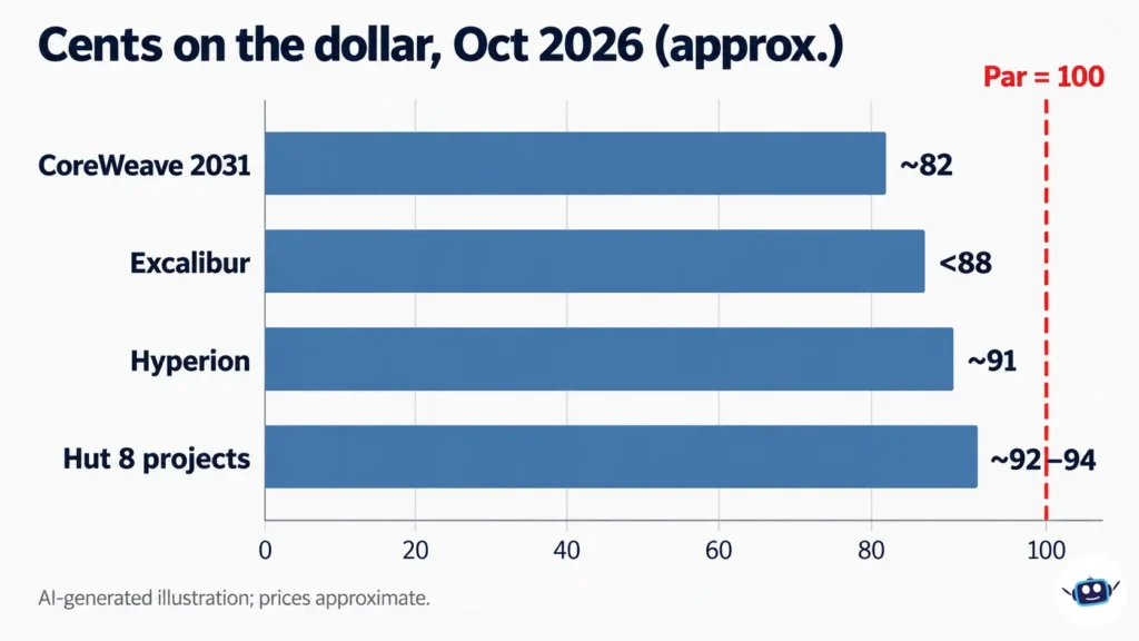 AI-generated horizontal bar chart comparing approximate October 2026 bond prices for CoreWeave 2031 at 82, Excalibur below 88, Hyperion at 91, and Hut 8 projects at 92–94 cents on the dollar, all below par value of 100.