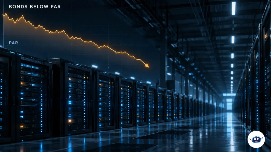 AI-generated illustration of an AI data center hall with rows of server racks and a downward-sloping financial chart crossing the par line, representing falling data center bond prices.