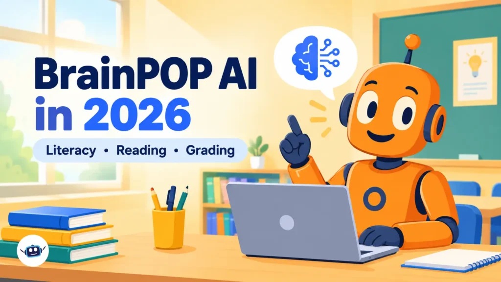BrainPOP AI in 2026 guide featuring a friendly orange robot beside a laptop in a classroom.
