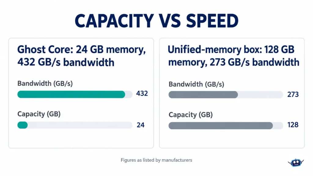 Comparison of Ghost Core’s 24 GB memory at 432 GB/s versus a 128 GB unified-memory box at 273 GB/s.