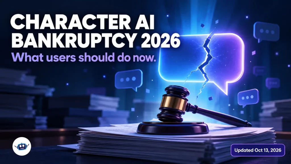 Illustration of a cracked chat bubble above a judge's gavel with the text Character AI Bankruptcy 2026 and what users should do now.