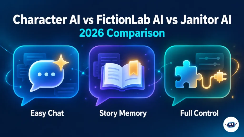 Character AI vs FictionLab AI vs Janitor AI 2026 comparison showing easy chat, story memory, and customization features.