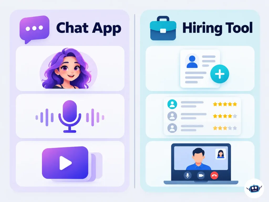 Two-column infographic comparing Flipped Chat features, including AI characters, voice and video, with Flipped.ai hiring features such as candidate screening, ranking and interviews.