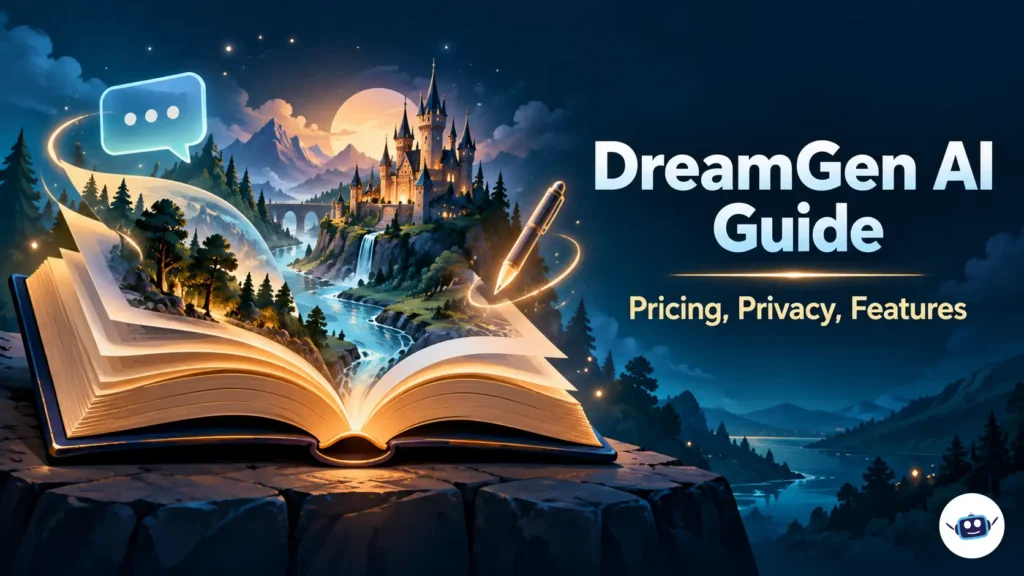 Illustration of an open book transforming into a fantasy landscape with a castle, forest, river, chat bubble and pen, representing DreamGen AI storytelling and role-play.