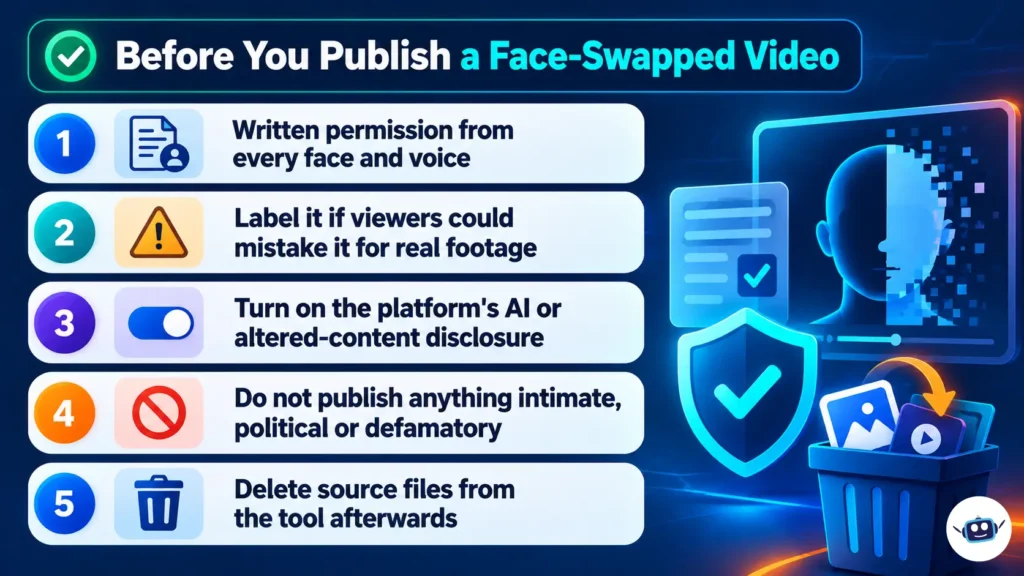 Five-step Vidqu AI face-swap safety checklist covering written consent, AI disclosure, harmful content and file deletion.