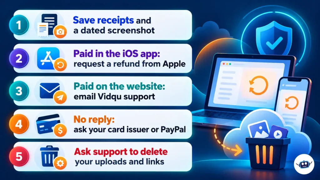 Five steps for requesting a Vidqu AI refund, contacting support and asking for uploaded files to be deleted.