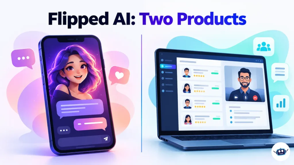 Illustration comparing the Flipped Chat AI character chat app and Flipped.ai recruitment platform, showing AI conversations and candidate hiring tools side by side.