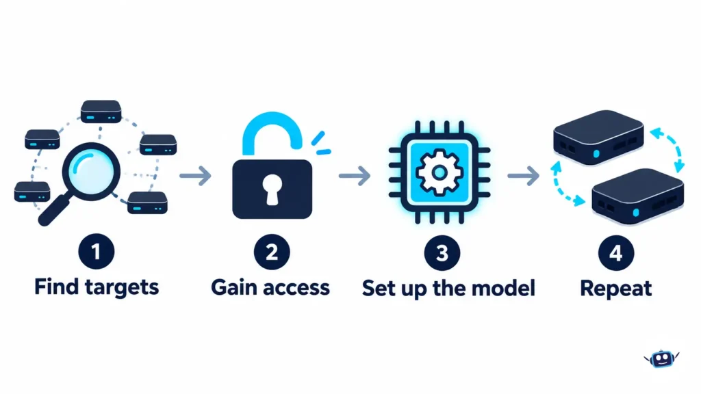 Four-step infographic illustrating how a self-replicating AI worm could spread: find targets, gain access, set up the AI model, and repeat the process.