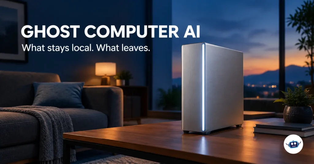 Ghost Computer AI silver desktop tower on a walnut table with the text “What stays local. What leaves.”