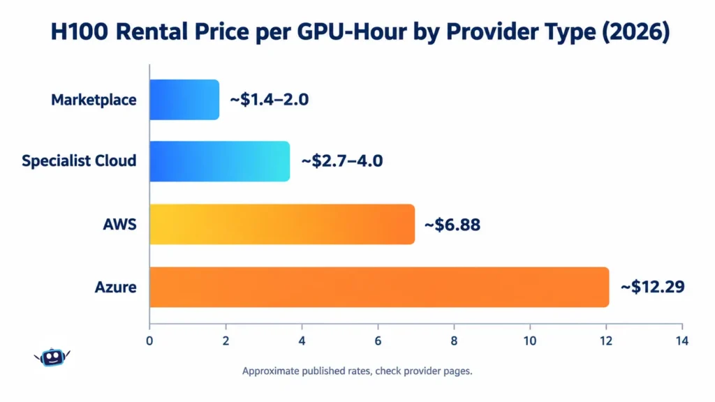 Bar chart comparing H100 rental prices by provider type