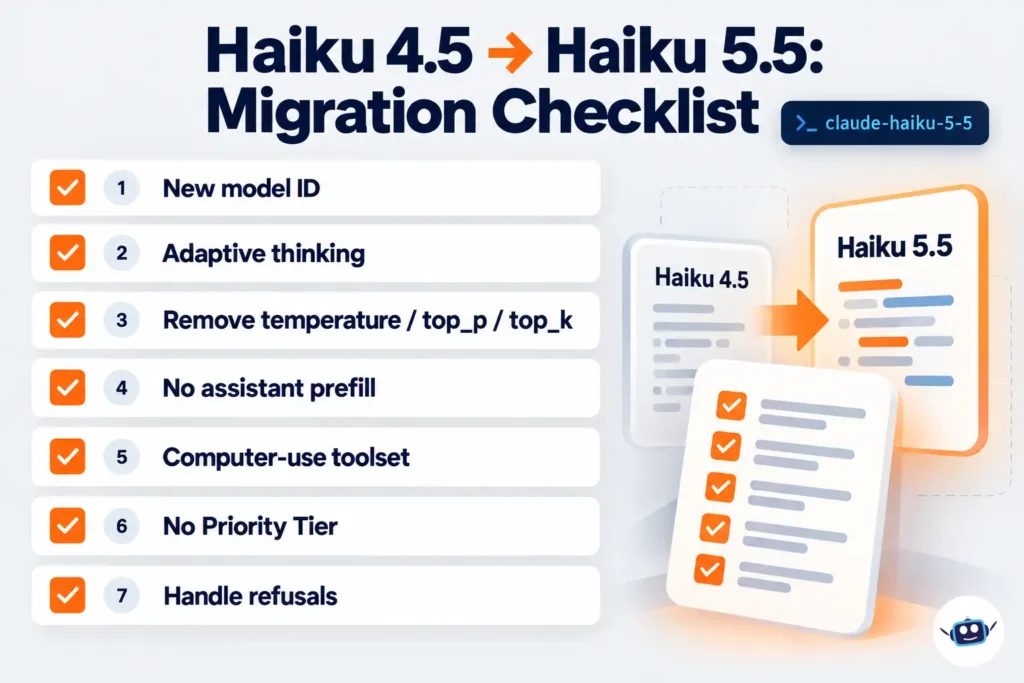 Seven-step Claude Haiku 4.5 to Haiku 5.5 migration checklist covering model ID, adaptive thinking, sampling parameters, assistant prefill, computer-use tools, Priority Tier, and refusals.