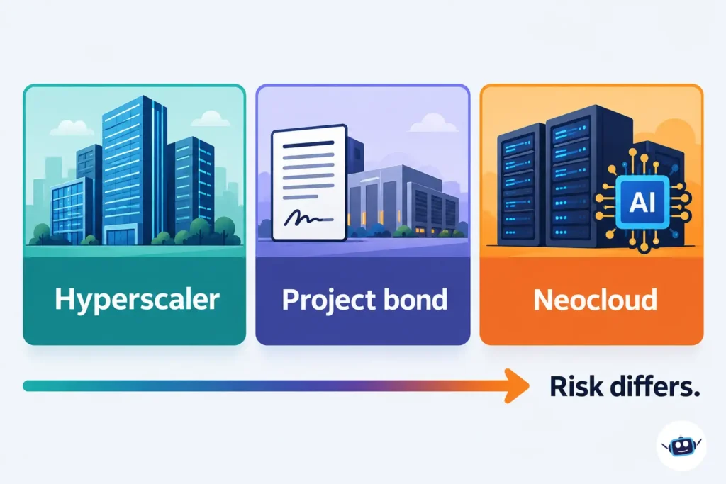 AI-generated infographic comparing three types of data center debt: hyperscaler corporate bonds, project bonds backed by infrastructure financing, and neocloud debt associated with AI computing infrastructure.