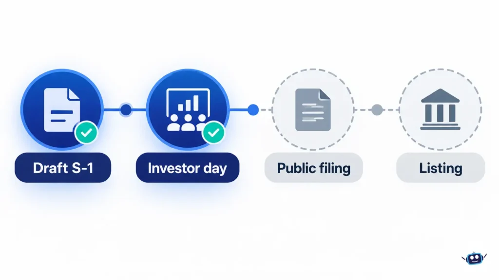 AI-generated timeline showing four IPO stages: Draft S-1, Investor day, Public filing, and Listing, with the final two illustrated as pending.