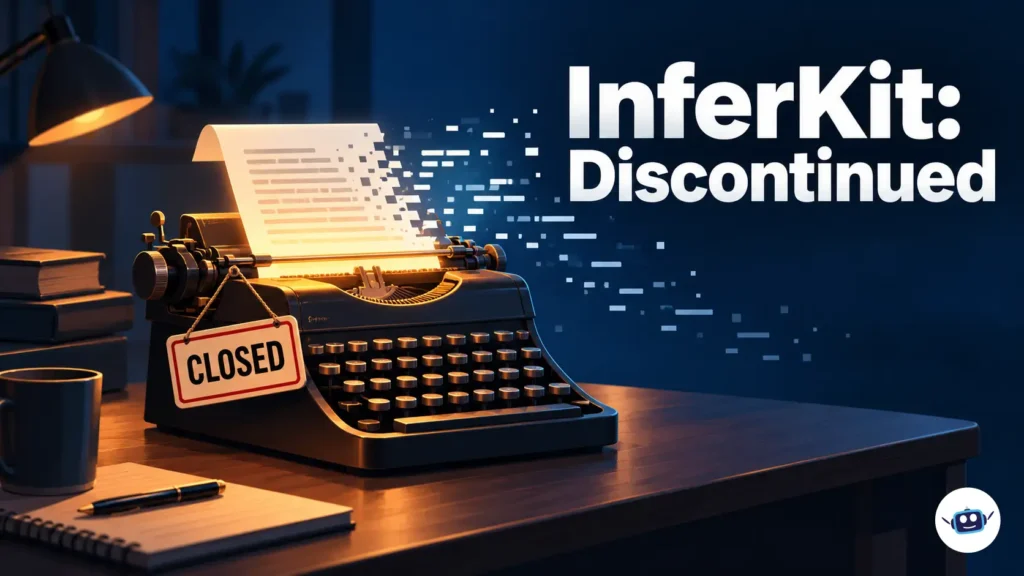 Illustration of a vintage typewriter with a glowing screen and a closed sign, representing the discontinued InferKit AI text generator.