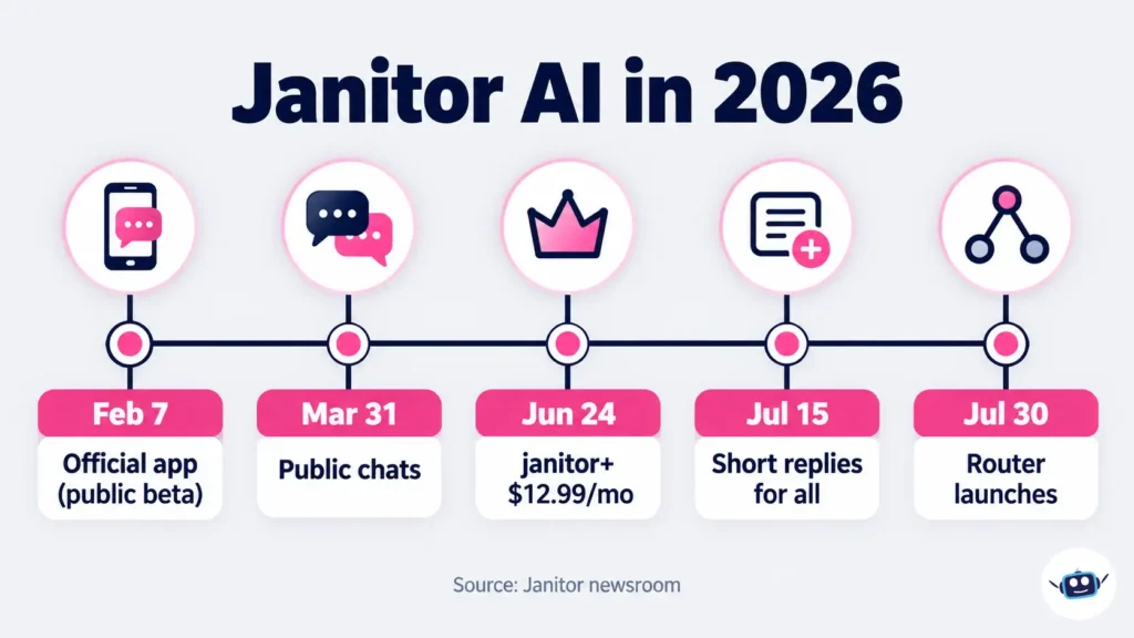 Janitor AI 2026 timeline showing five milestones from February to July, including the official app beta, public chats, Janitor+ and Router launch.