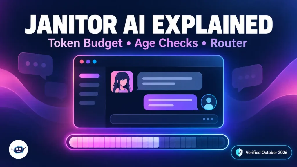 Janitor AI Explained 2026 feature image showing an AI character chat window, token usage bar, age checks and router features.