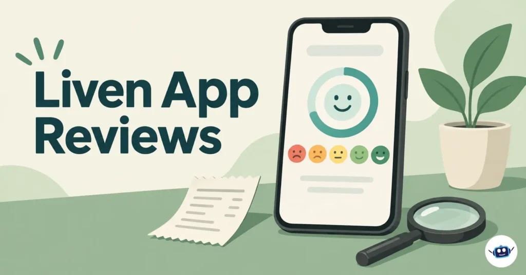 Illustration of a smartphone showing a mood check-in screen with five mood icons and a teal progress ring, alongside a receipt and magnifying glass representing Liven app reviews.
