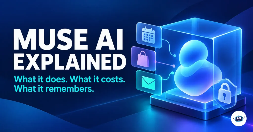 Muse AI explained with a secure virtual computer, calendar, shopping and email tools.