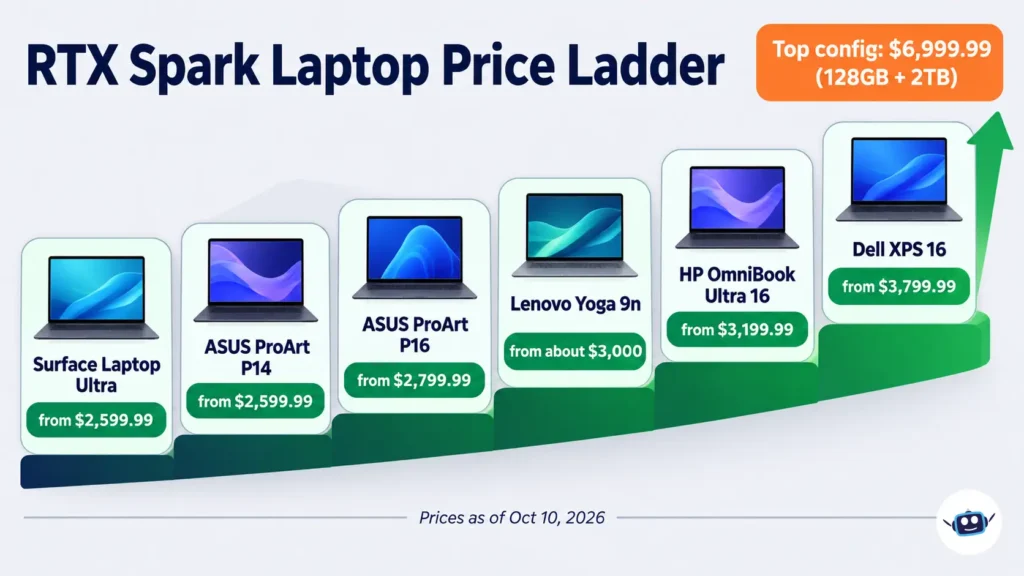 Price ladder comparing six RTX Spark laptops, from the $2,599.99 Surface Laptop Ultra and ASUS ProArt P14 to the $3,799.99 Dell XPS 16, with a top configuration priced at $6,999.99.