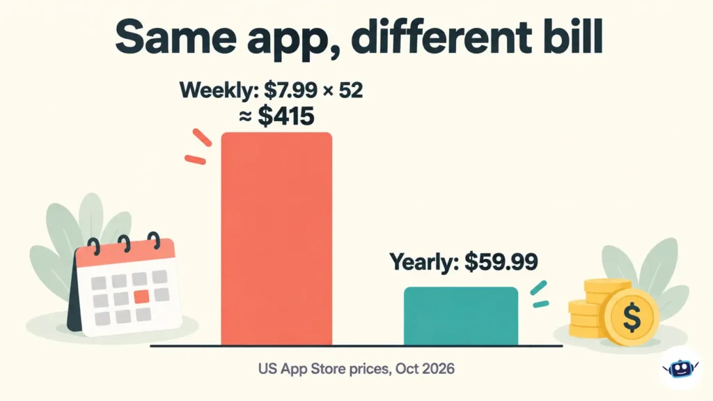 Bar chart comparing the Liven app's $7.99 weekly subscription, costing approximately $415 over 52 weeks, with its $59.99 yearly subscription.