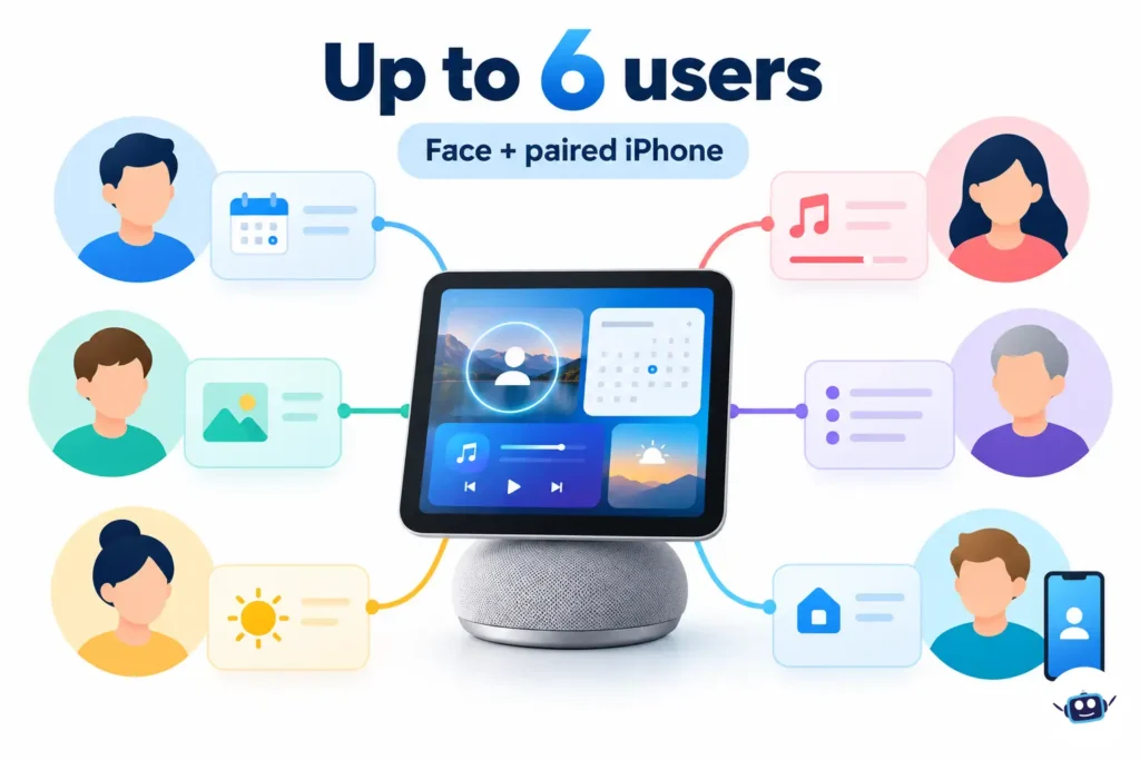AI-generated infographic showing a smart display connected to six faceless user avatars with personalized home screens and a paired iPhone for private content verification.
