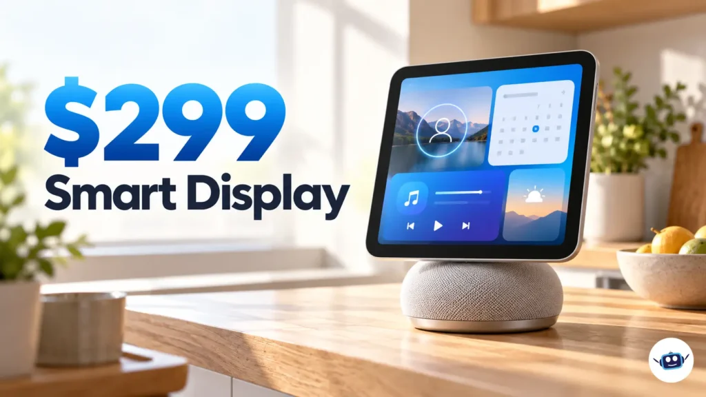AI-generated illustration of a generic 7-inch smart display on a kitchen counter showing personalized home screen tiles, representing the rumored $299 Apple HomeView smart display.