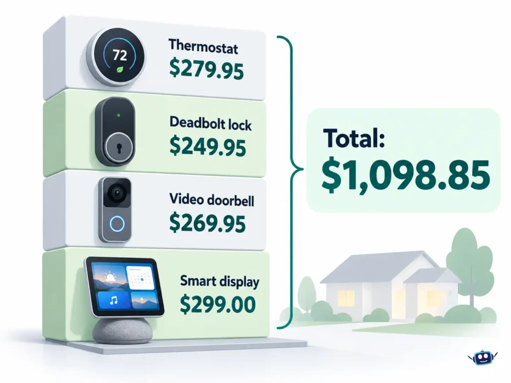 AI-generated cost breakdown infographic showing a $299 smart display, $269.95 video doorbell, $249.95 smart lock, and $279.95 thermostat, totaling $1,098.85 before tax and installation.