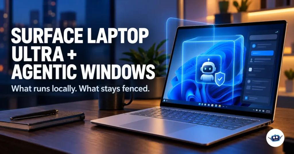 Surface Laptop Ultra open on a desk with a glowing blue container representing a secure local AI agent in Windows.