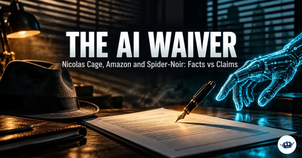 Noir-style desk featuring a contract, fountain pen, vintage fedora, and glowing AI robotic hand representing the Nicolas Cage Amazon AI waiver controversy.