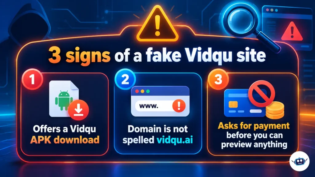 Three warning signs of a potentially fake Vidqu AI website, including APK downloads, incorrect domains and payment requests.
