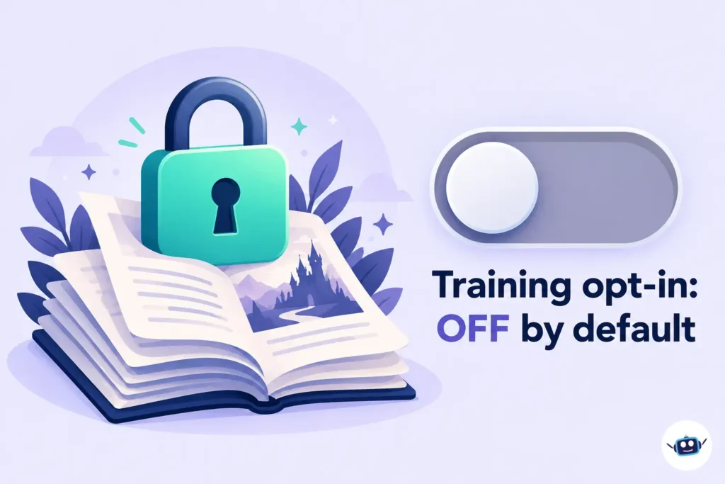 Illustration of a mint-green padlock over story pages beside a switched-off toggle labeled Training opt-in: OFF by default.