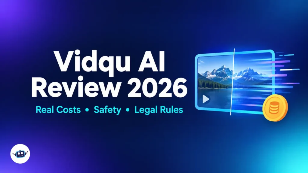 Vidqu AI Review 2026 feature image showing AI video generation, costs, safety, and legal rules