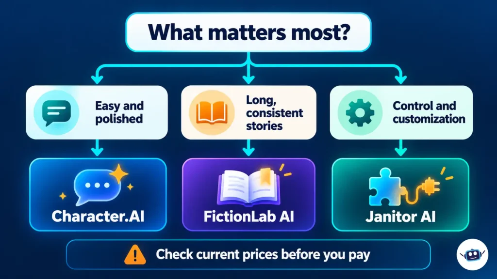 Decision flowchart helping users choose Character AI for easy chat, FictionLab AI for long stories, or Janitor AI for customization.