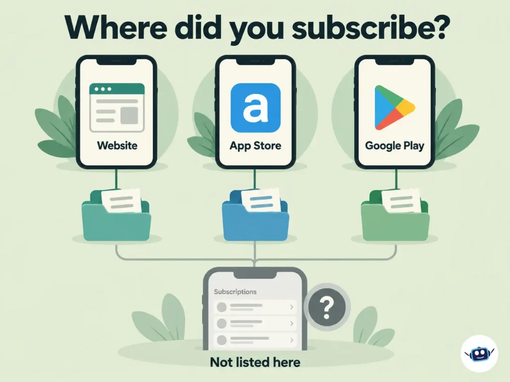 Illustration showing three Liven app subscription purchase channels—website, Apple App Store and Google Play—and explaining that website subscriptions may not appear in phone subscription settings.