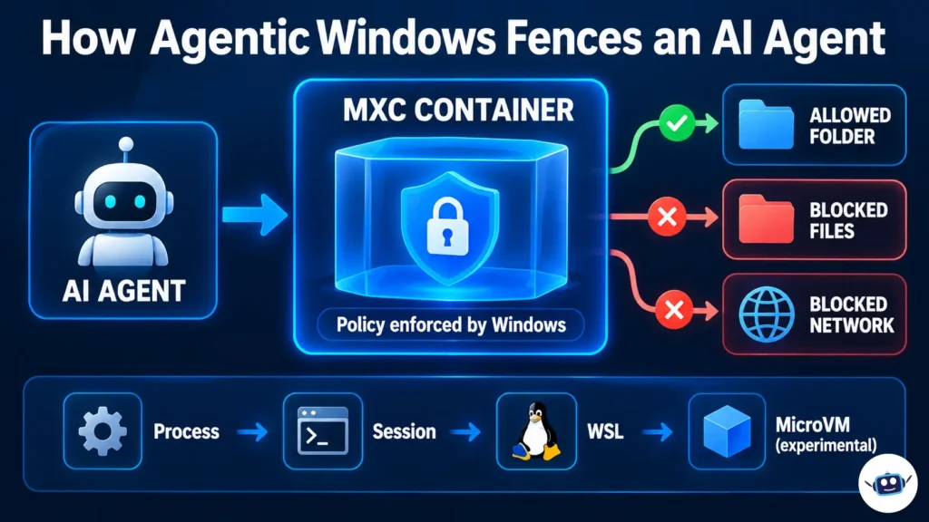 Diagram showing an AI agent inside an MXC security container, with Windows policies allowing folder access while blocking restricted files and networks.