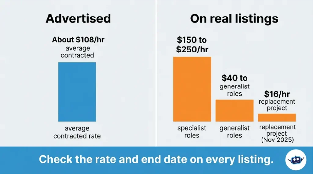 Comparison of Mercor's advertised average hourly rate with real listing rates.