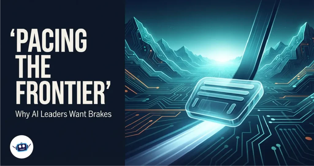 Brake pedal over a glowing AI landscape with the title Pacing the Frontier.