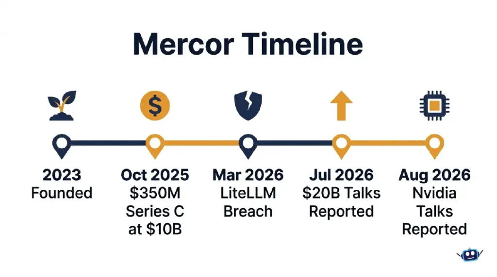 Timeline of Mercor AI from its 2023 founding to 2026 funding talks.
