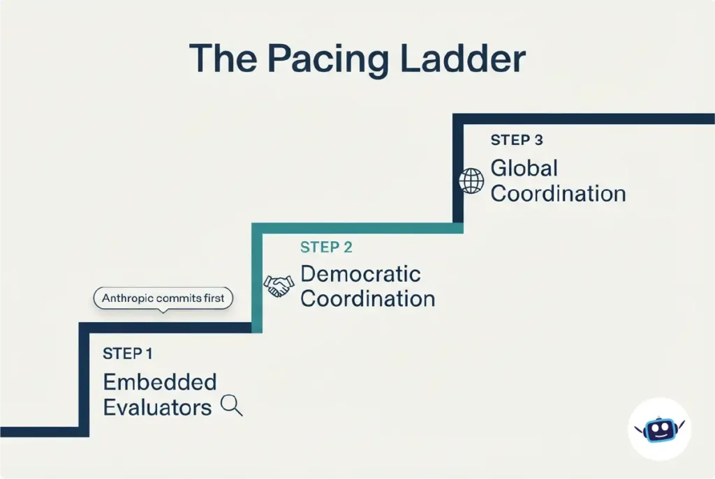 Three-step staircase showing embedded evaluators, democratic coordination and global coordination.